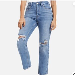 Good American Good Icon Distressed Blue Straight Leg Jeans